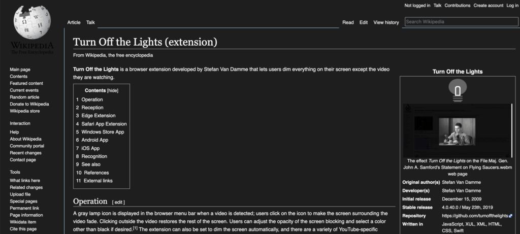 Dark Mode Browser-Erweiterung auf der Wikipedia-Website