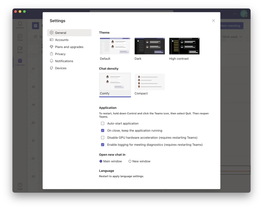 Microsoft Teams-Einstellungsseite (unter macOS)