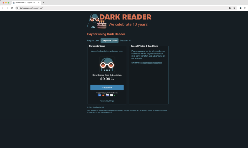 Dark Reader v5 Corporate user's subscription service