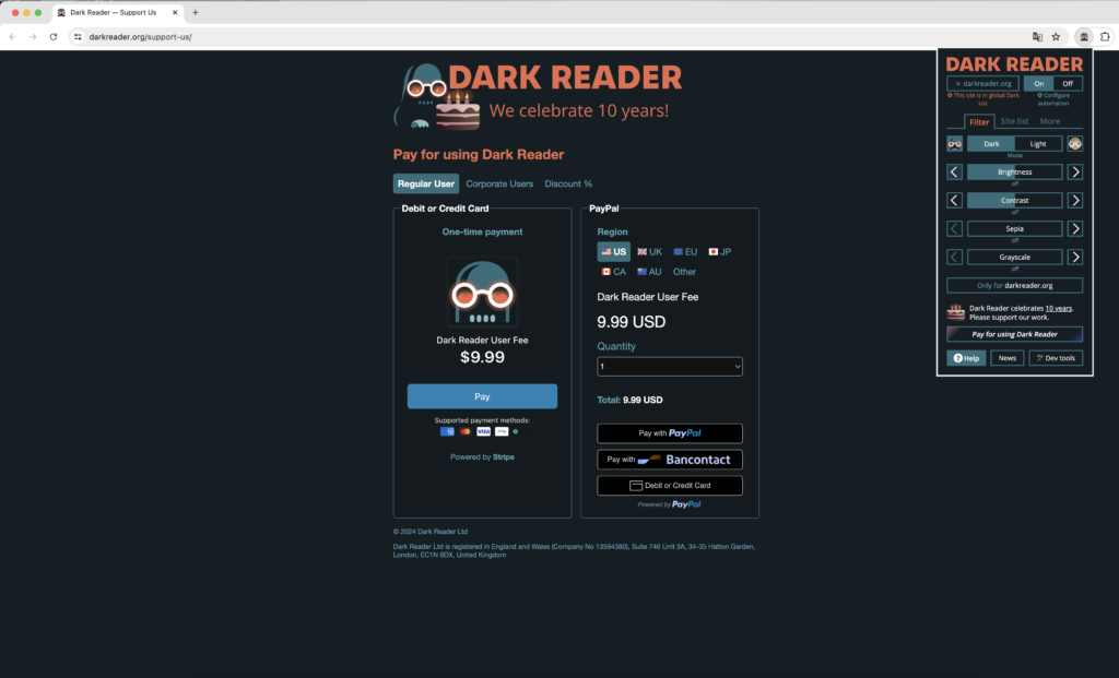 Dark Reader v5 subscription service 9.99$/year